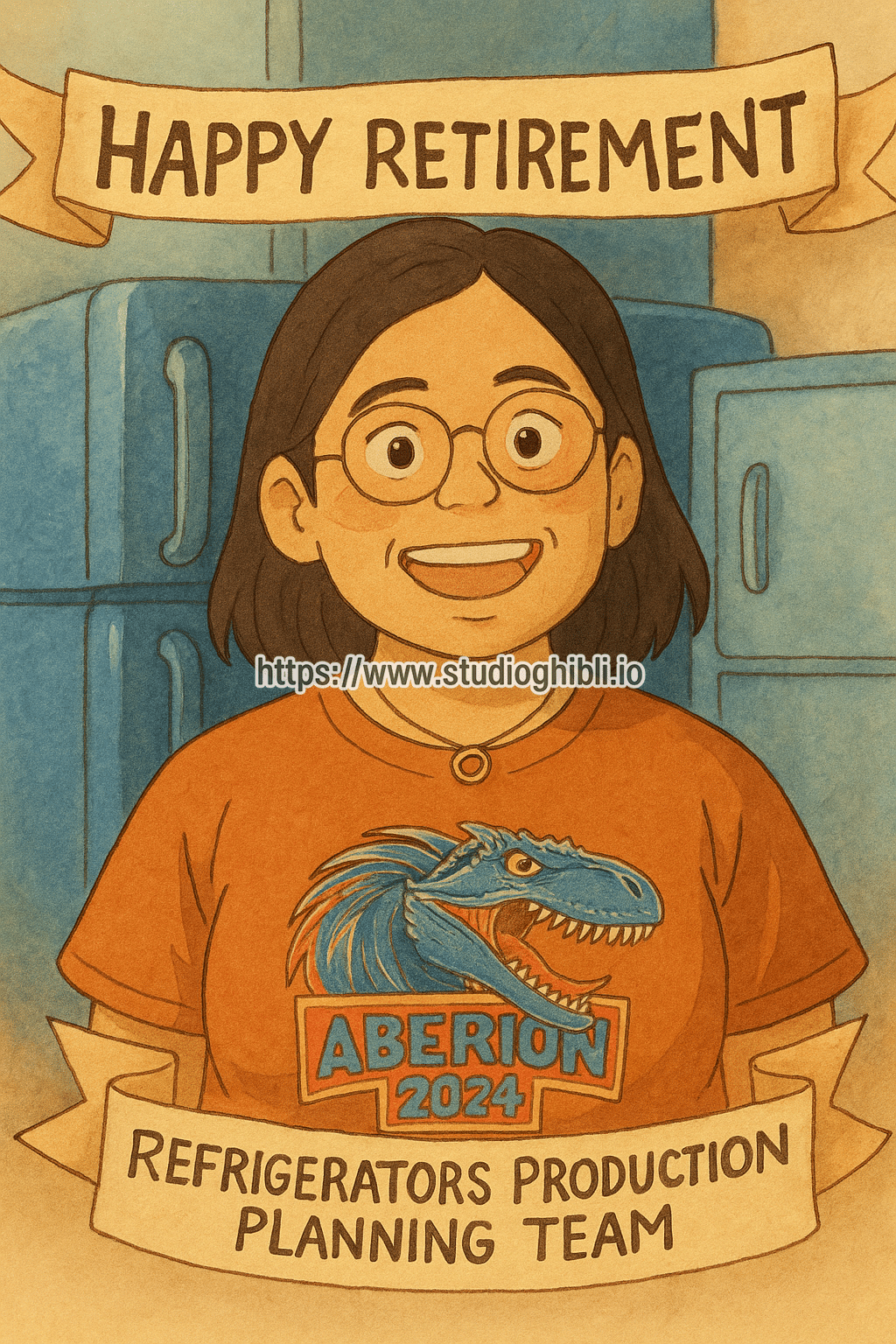 Can you make an animated ghibli inspired caricature about retirement of the subject from refrigerator production planning team?