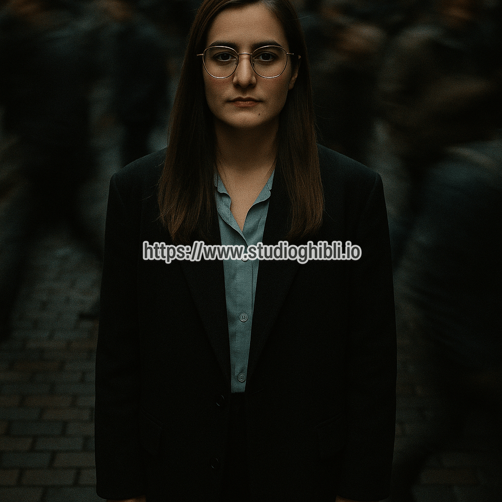 Cinematic overhead shot of me standing still, a brick city sidewalk, wearing a dark oversized blazer, motion-blurred crowd rushes past around me moody light 35mm film look. Shallow depth of field, sharp focus on me. ration potrait 4:3

