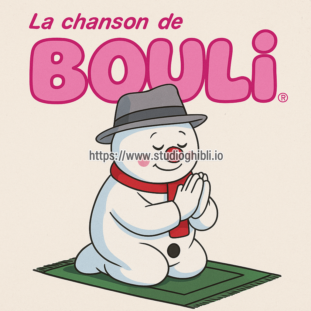 Thème bouli du dessin a Bouli le bonhomme de neige, Arrière plan blanc Un bonhomme de neige (pas bouli) est seul et prie sur un tapis . Style

