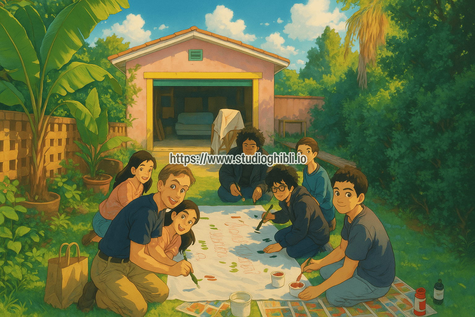 Convert this into a sunny day Studio Ghibli artwork