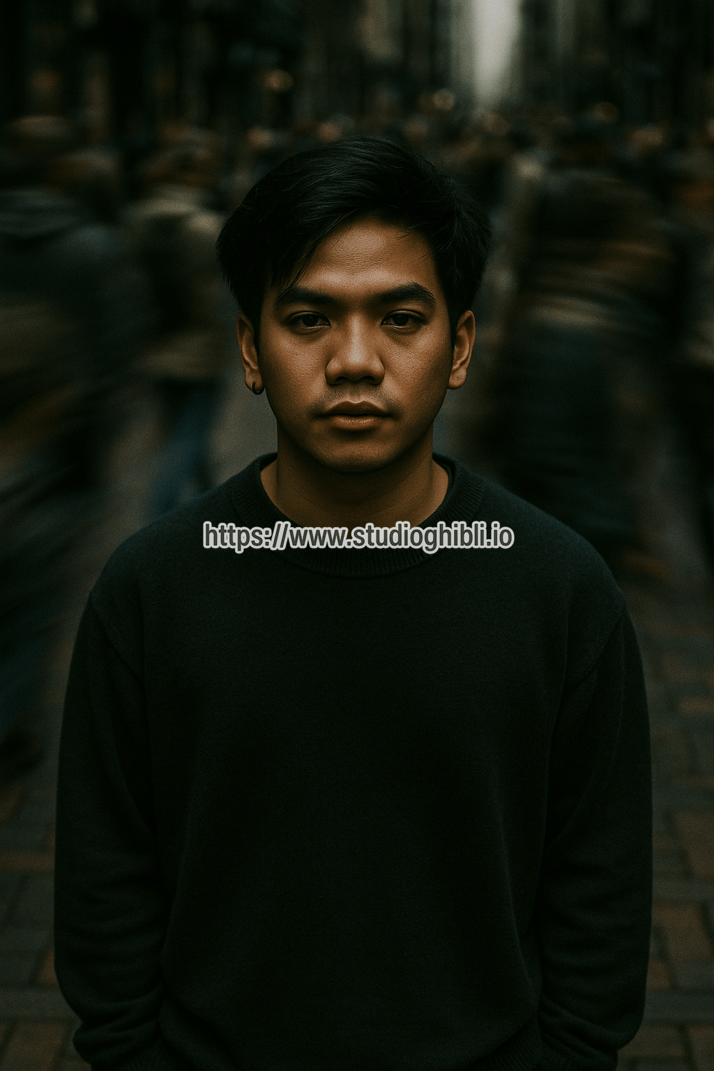 @kenth🇹🇼🇵🇭: Cinematic overhead shot of me standing still on a brick city sidewalk, wearing a dark oversized sweater. Motion-blured crowd rushes past around me. Moody lighting, 35mm film look, shallow depth of field, sharp focus or me.
Ration portrait 4:3