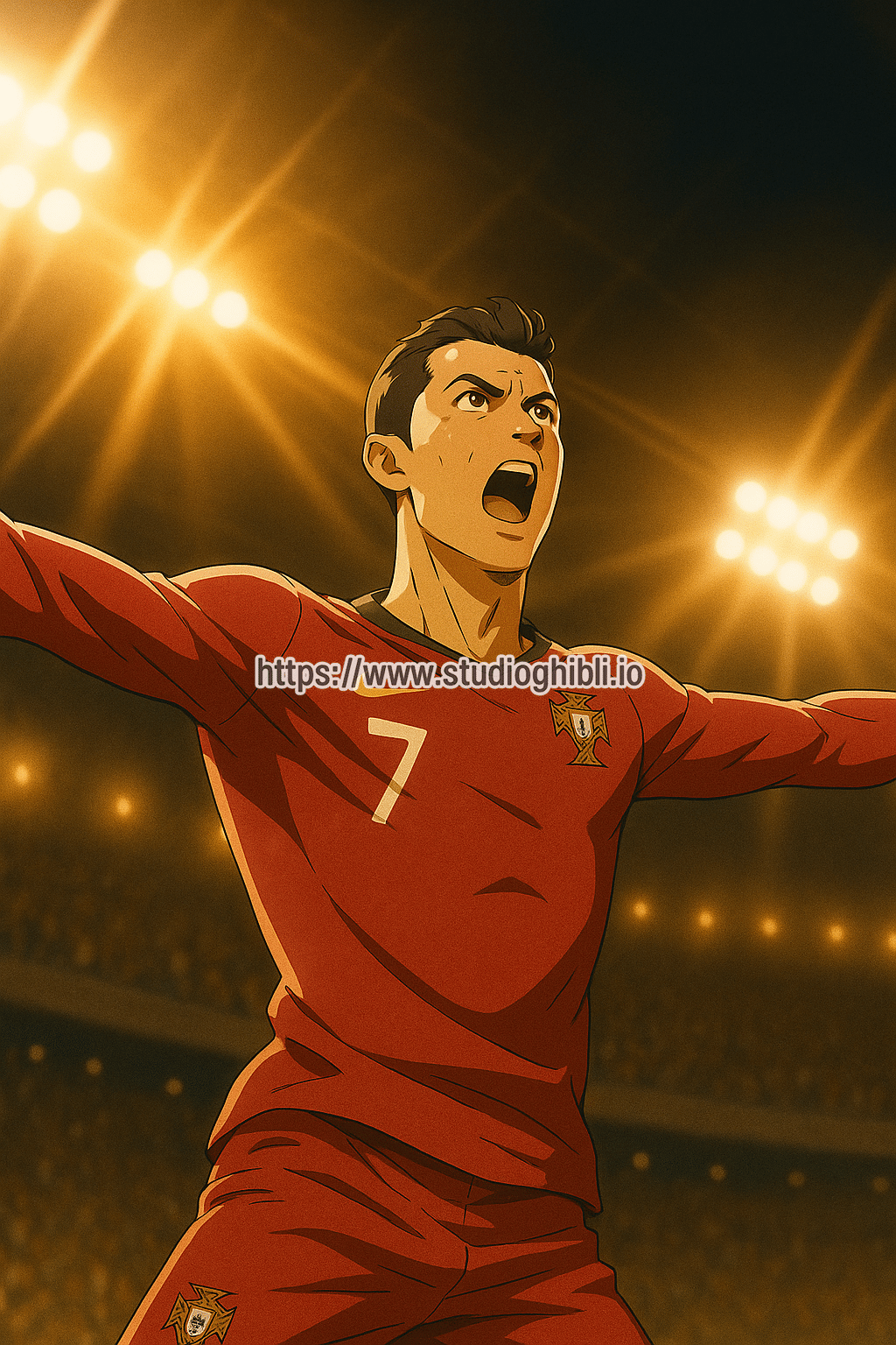 *"Cristiano Ronaldo in mid-'Siuu' celebration, wearing Portugal's red jersey, arms wide, face detailed and expressive. Shot from a low-angle perspective with dramatic stadium floodlights casting sharp shadows. The foreground (Ronaldo) is ultra-sharp, midground (grass/stadium) slightly blurred, and background (crowd) heavily blurred with bokeh. High contrast, vibrant colors, and clean edges for depth mapping. Render in 4K resolution, semi-realistic style."*