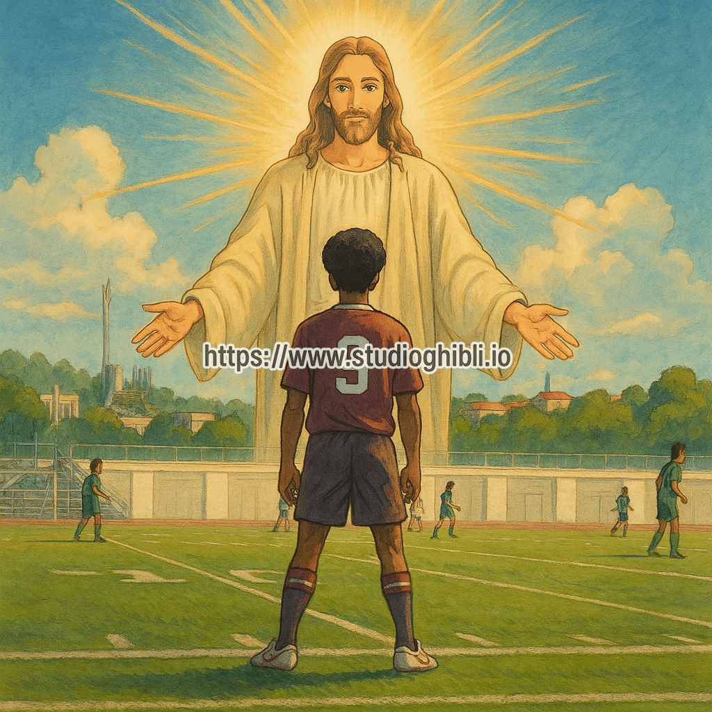 Make this photo in ghibli style with Jesus behind.